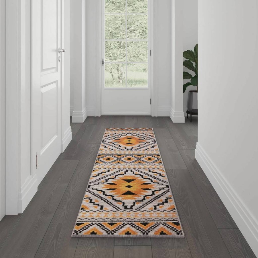 Flash Furniture Payson Southwestern Orange Olefin Rug 3x10 ft - Cotton Backing for Living Room, Bedroom, Entryway