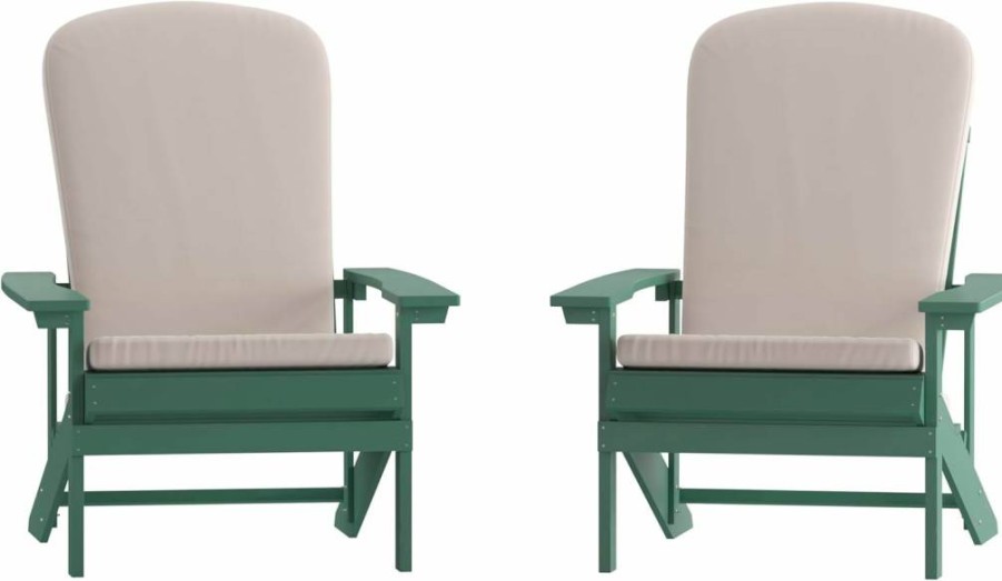 Flash Furniture 2-Piece White Poly Resin Adirondack Chairs Set with Blue All-Weather Cushions for Indoor Outdoor Use