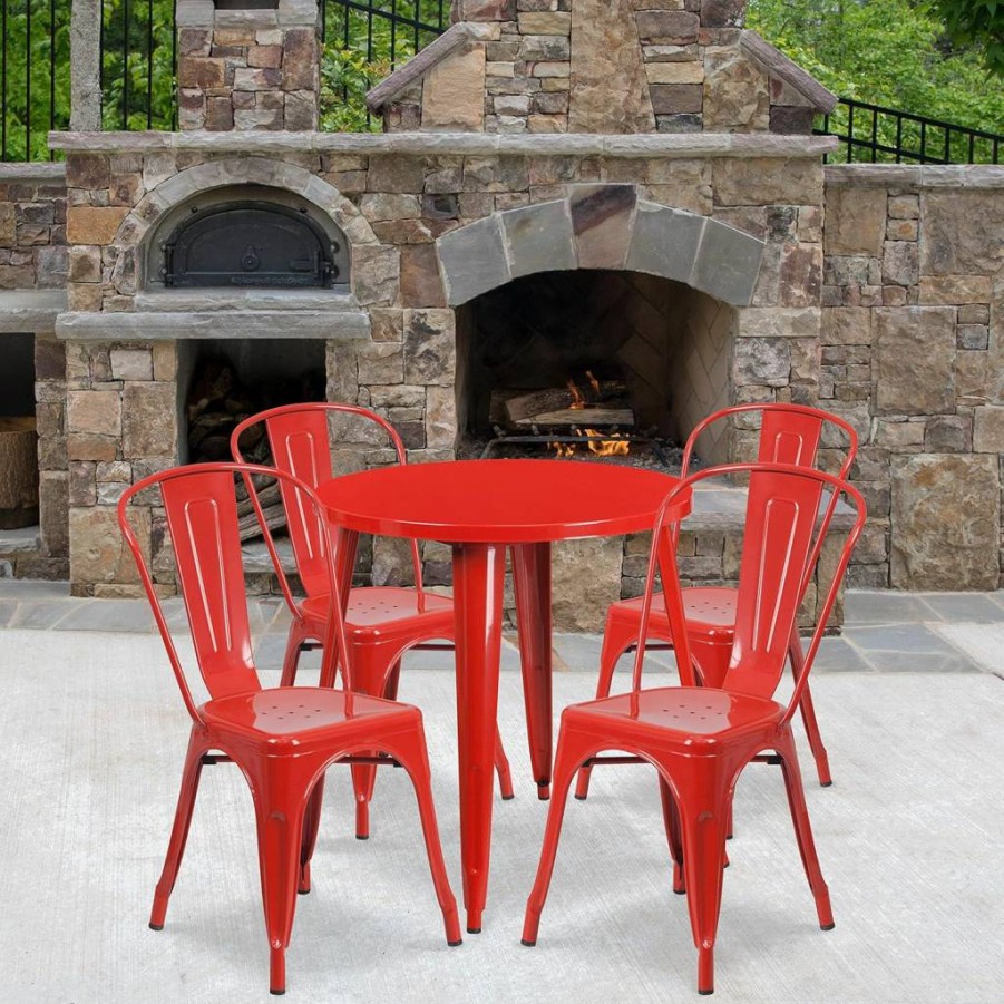 Flash Furniture 30-Inch Round Blue Metal Outdoor Dining Table Set with 4 Cafe Chairs - Commercial Grade Indoor-Outdoor Patio Furniture