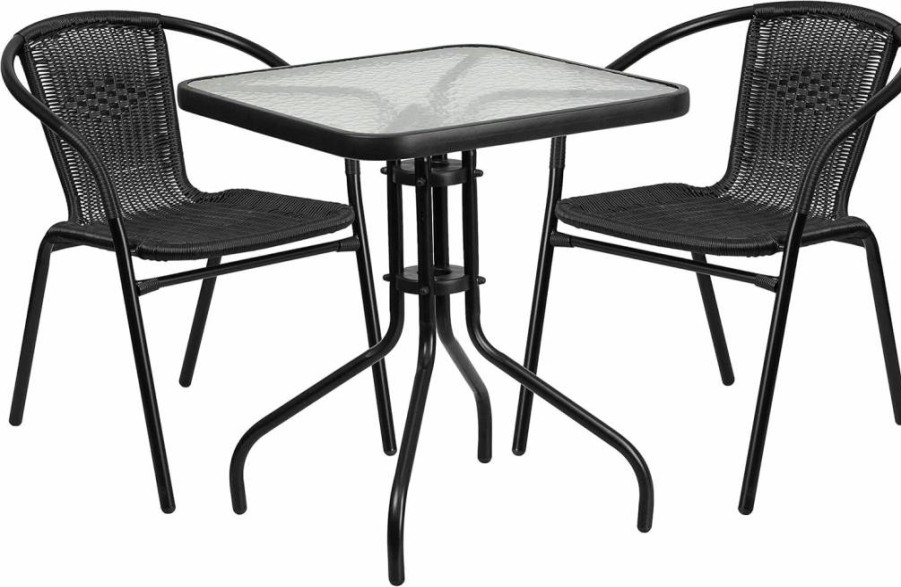 Flash Furniture Lila 23.5" Square Glass Top Dining Table with 2 Black Rattan Stackable Chairs, Modern Patio Bistro Set