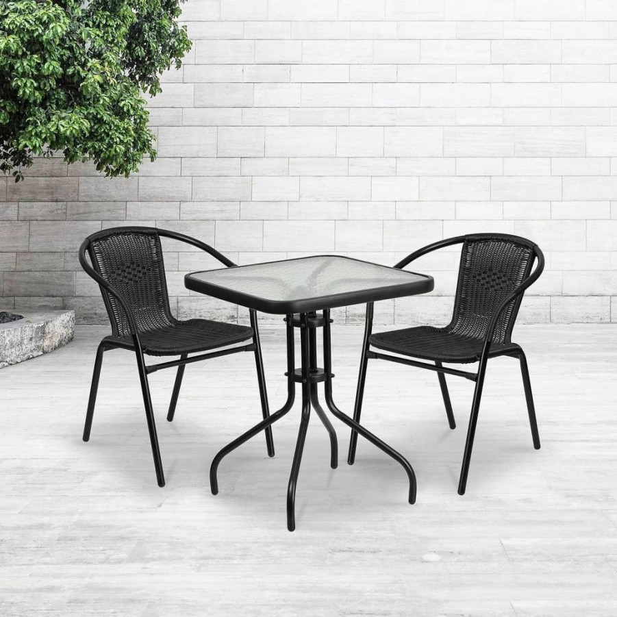 Flash Furniture Lila 23.5" Square Glass Top Dining Table with 2 Black Rattan Stackable Chairs, Modern Patio Bistro Set
