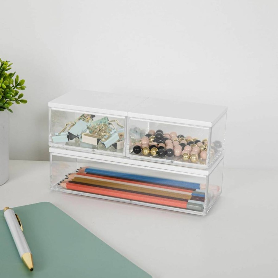 Martha Stewart 3-Pack Clear Plastic Storage Bins with Wood Lid - 7.5" x 3" Organizer for Home, Office, Kitchen, Bathroom - Medium Size, White/Clear