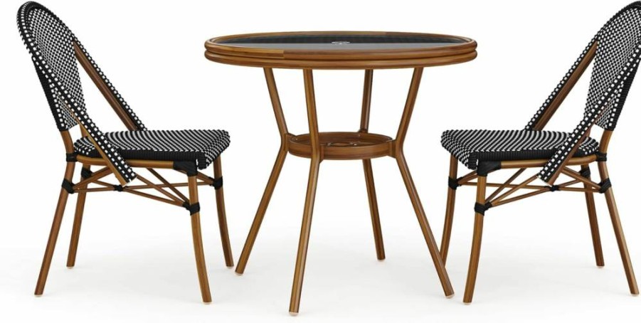 Martha Stewart 5-Piece Woven Rattan Bistro Set - Indoor-Outdoor Navy & White with Woodgrain Aluminum Frame & Tempered Glass Tabletop