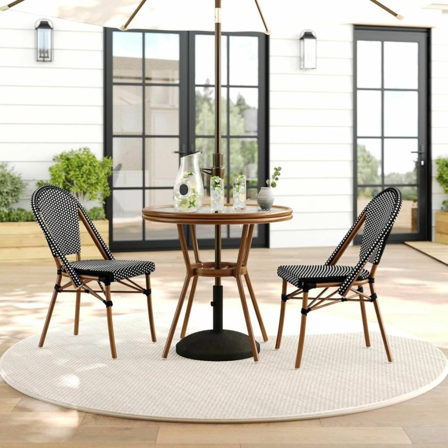 Martha Stewart 5-Piece Woven Rattan Bistro Set - Indoor-Outdoor Navy & White with Woodgrain Aluminum Frame & Tempered Glass Tabletop