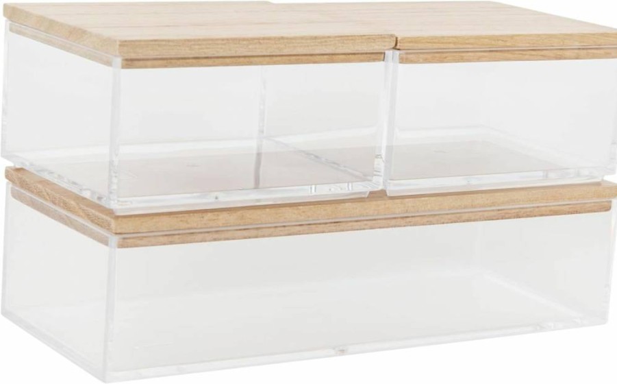 Martha Stewart 3-Pack Clear Plastic Storage Bins with Wood Lids - 7.5" x 3" Organizer for Home, Office, Kitchen & Bathroom