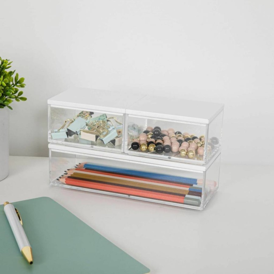 Martha Stewart 3-Pack Clear Plastic Storage Bins with Wood Lids - 7.5" x 3" Organizer for Home, Office, Kitchen & Bathroom