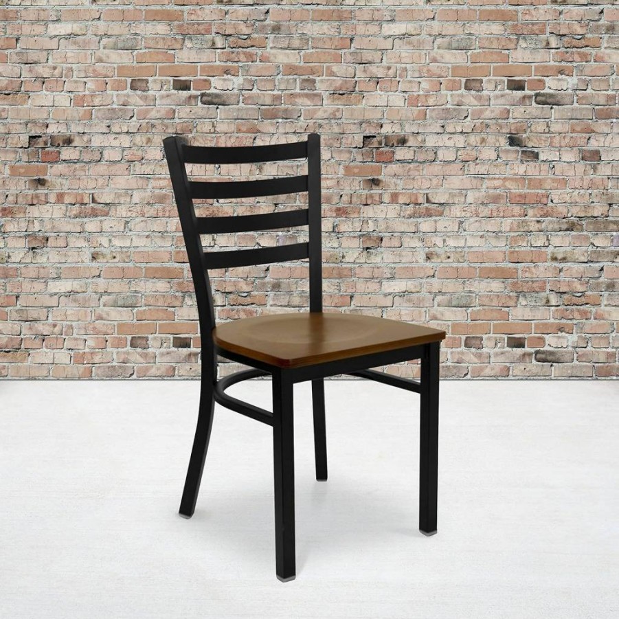Flash Furniture 4-Pack Hercules Series Black Metal Ladder Back Chairs with Cherry Wood Seats for Restaurant Dining