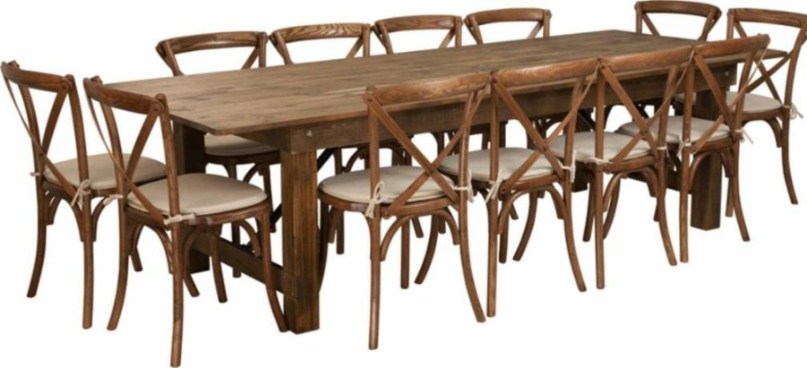 Flash Furniture Hercules Series 9-Foot Rectangular Farmhouse Dining Table Set with 12 Cross Back Chairs, Natural Wood Folding Table and Chairs