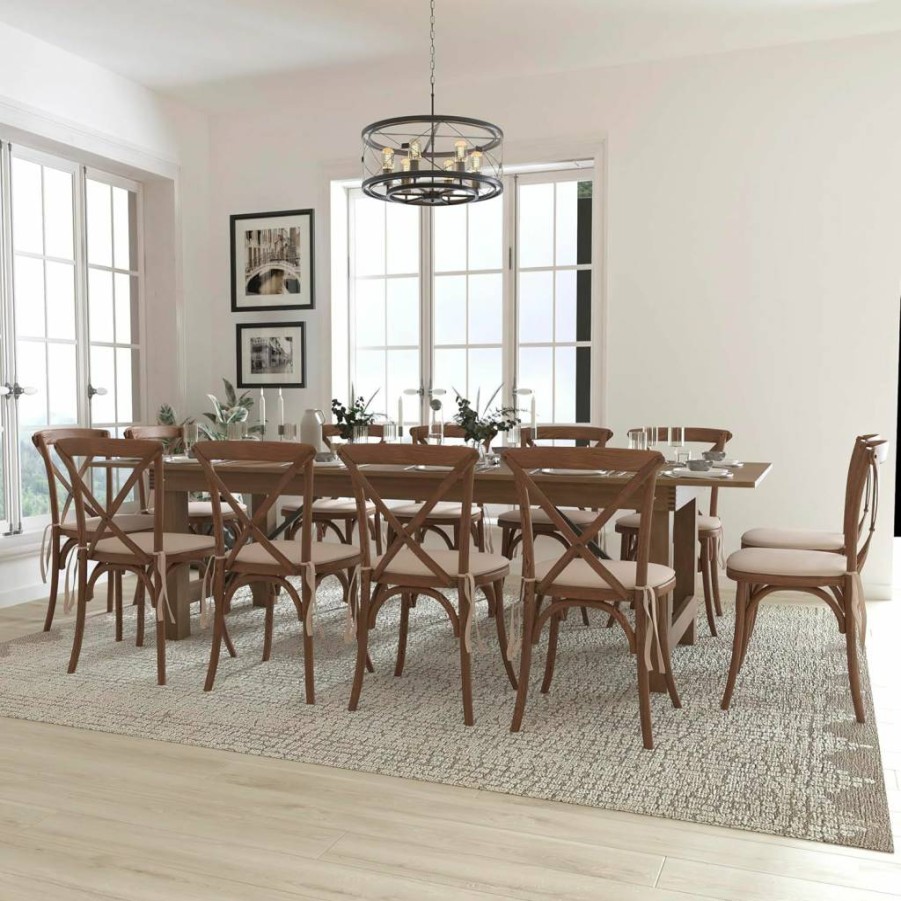 Flash Furniture Hercules Series 9-Foot Rectangular Farmhouse Dining Table Set with 12 Cross Back Chairs, Natural Wood Folding Table and Chairs