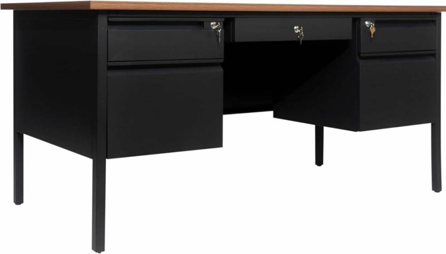 Flash Furniture Cambridge 30"x60" Double Pedestal Office Desk with 5 Locking Drawers, Commercial Grade Metal Frame Teacher Desk in Walnut/Black Finish