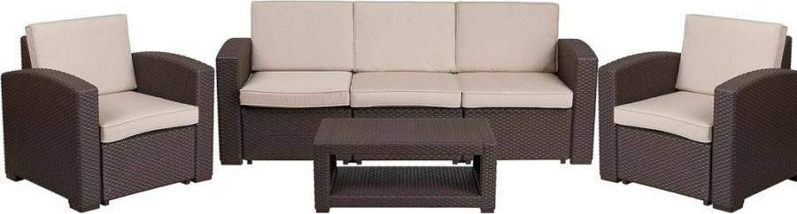 Flash Furniture 4-Piece Outdoor Patio Set with Faux Rattan Chairs, Sofa, and Table in Chocolate Brown