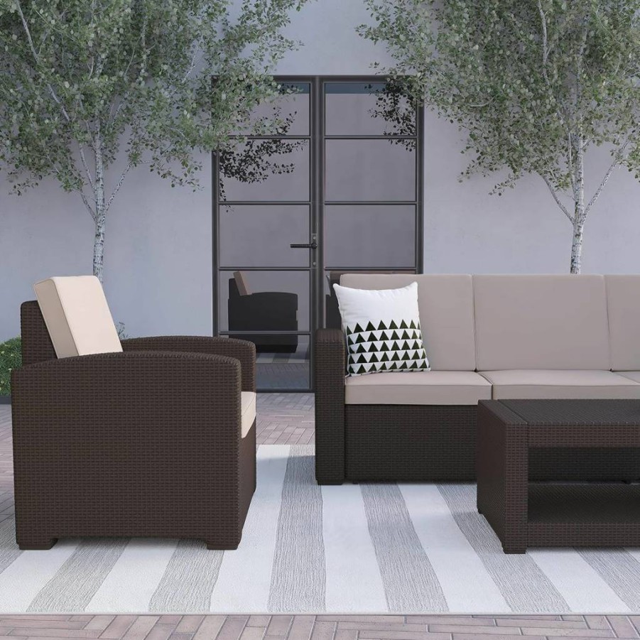 Flash Furniture 4-Piece Outdoor Patio Set with Faux Rattan Chairs, Sofa, and Table in Chocolate Brown