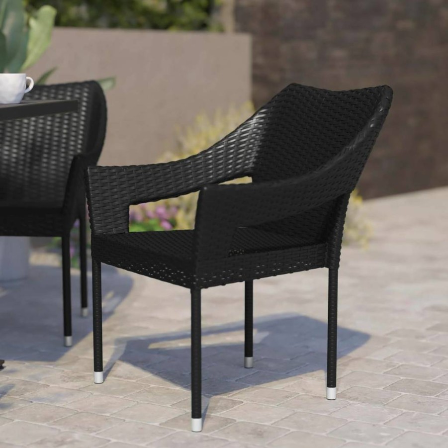 Flash Furniture Ethan Black All-Weather PE Rattan Stackable Patio Dining Chair – Commercial Grade Outdoor Wicker Chair