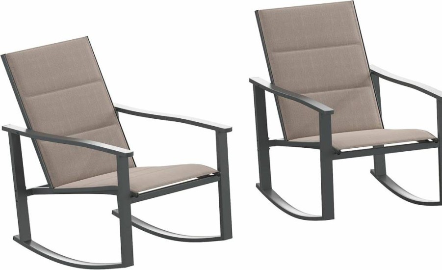 Flash Furniture Brazos 2-Piece Outdoor Rocking Chair Set - Brown FlexComfort Seats with Black Metal Frame, All-Weather Patio Rockers