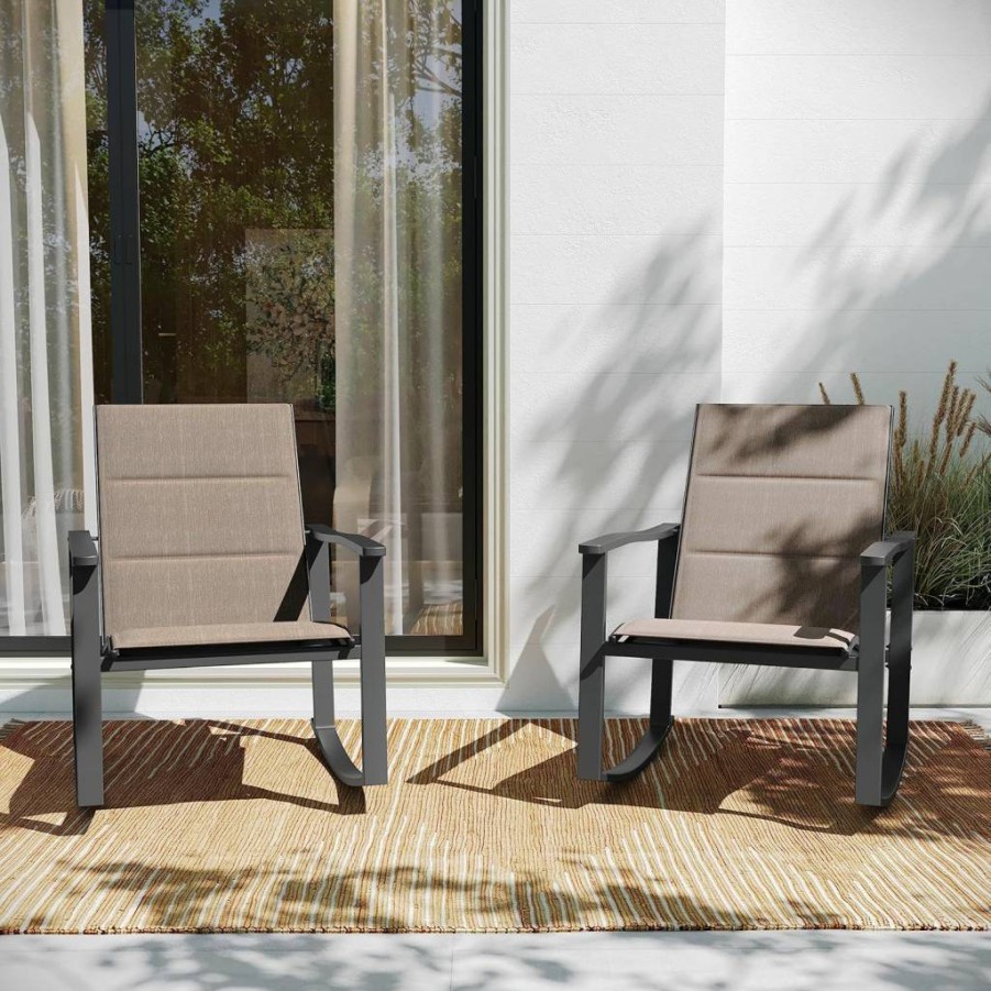 Flash Furniture Brazos 2-Piece Outdoor Rocking Chair Set - Brown FlexComfort Seats with Black Metal Frame, All-Weather Patio Rockers