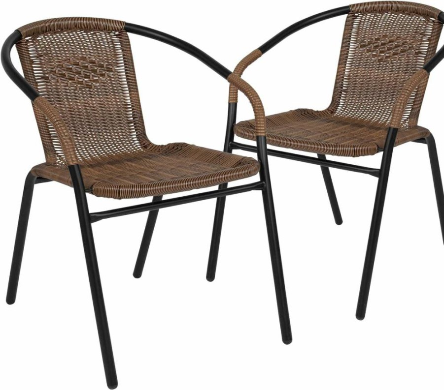 Flash Furniture 2-Piece Stackable Rattan Dining Chairs Set - Indoor/Outdoor Modern Bistro Chairs for Patio, Cafe, or Restaurant - Brown Lila Design