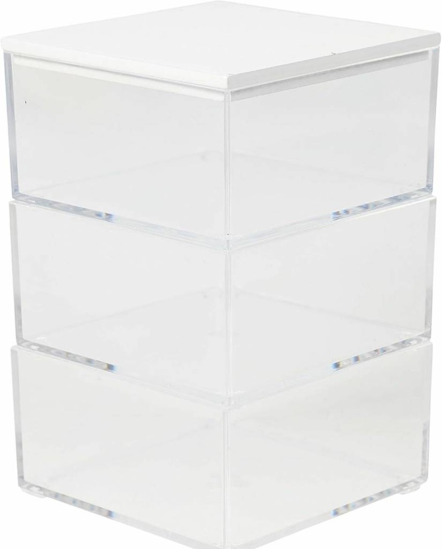 Martha Stewart 3-Pack Small Plastic Storage Bins with Wood Lid - Clear/White Organizer for Home, Office, Kitchen, or Bathroom - 3.75" x 3