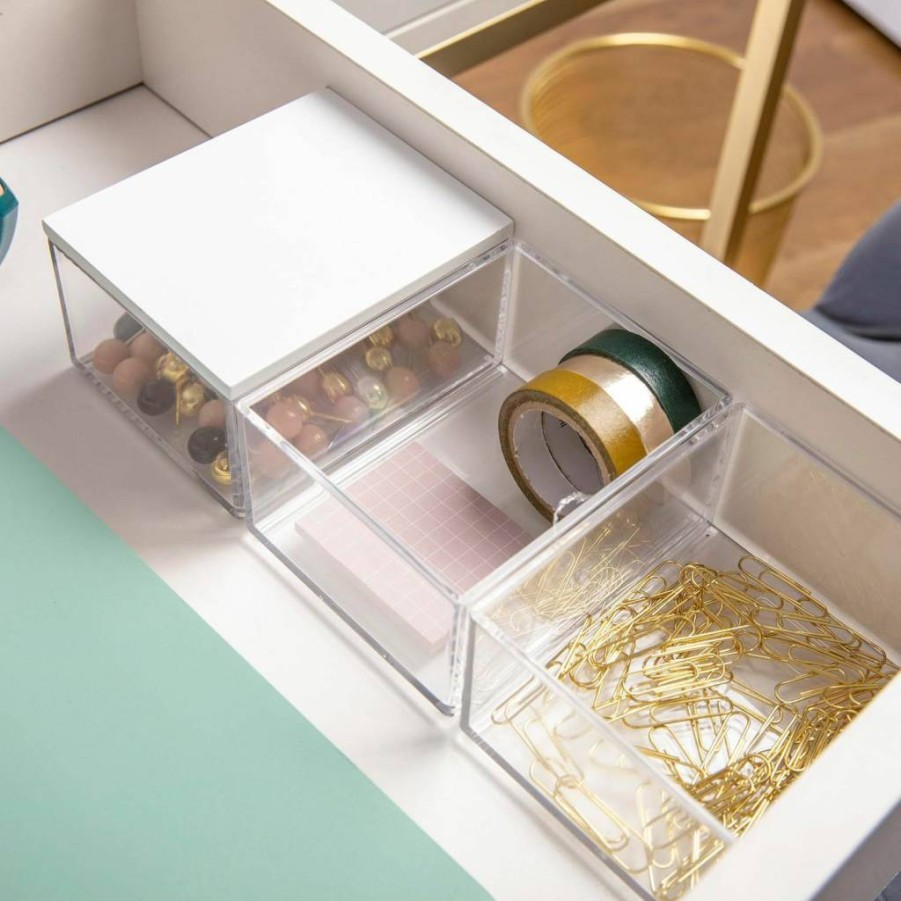 Martha Stewart 3-Pack Small Plastic Storage Bins with Wood Lid - Clear/White Organizer for Home, Office, Kitchen, or Bathroom - 3.75" x 3