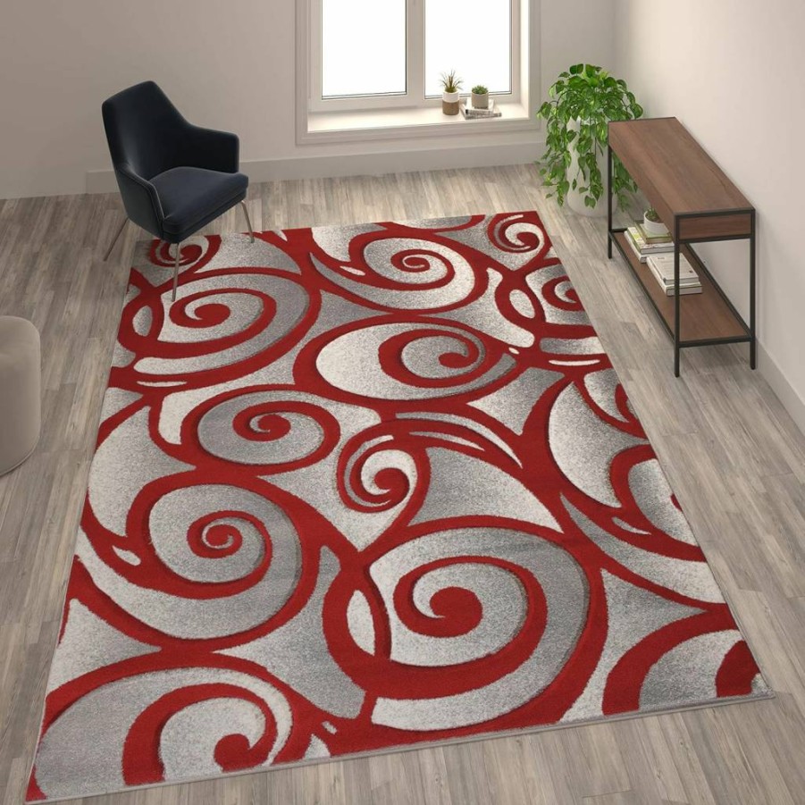 Flash Furniture Willow Modern Swirled Area Rug - Olefin Red 8'x10' with Jute Backing for Living Room, Bedroom, Entryway