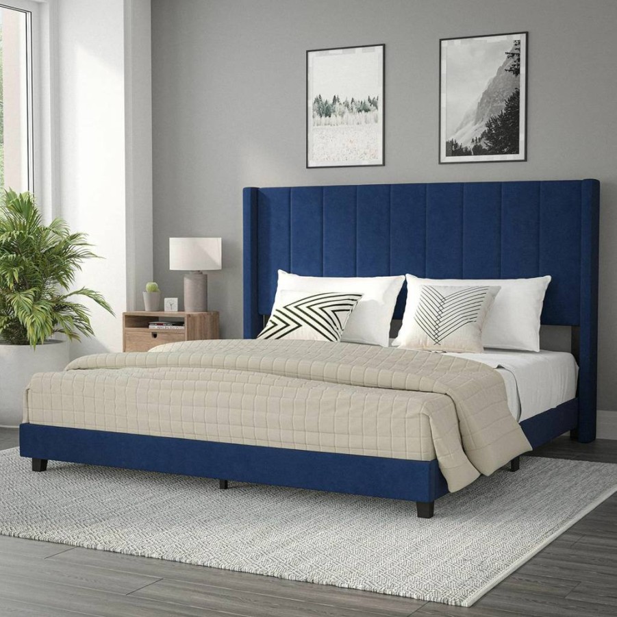 Flash Furniture Bianca Full Size Platform Bed with Gray Velvet Upholstered Wingback Headboard & Slatted Foundation - No Box Spring Required