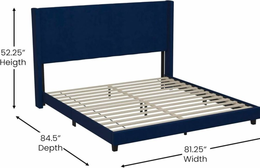 Flash Furniture Bianca Full Size Platform Bed with Gray Velvet Upholstered Wingback Headboard & Slatted Foundation - No Box Spring Required