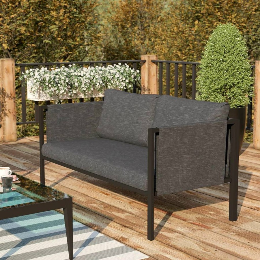 Flash Furniture Modern Black Loveseat with Charcoal Cushions, Steel Frame Indoor/Outdoor Storage Sofa