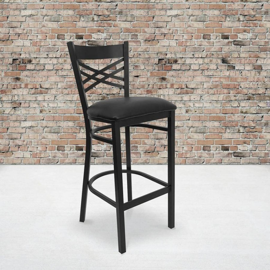 Flash Furniture Hercules Series Black Vinyl Seat Metal Bar Stool with X-Back Design for Restaurant and Home Use