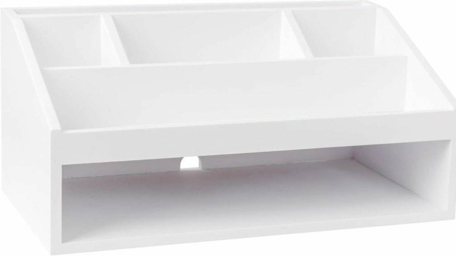 Martha Stewart White Engineered Wood Desktop Organizer with Open Storage Compartment, Multipurpose Office Caddy
