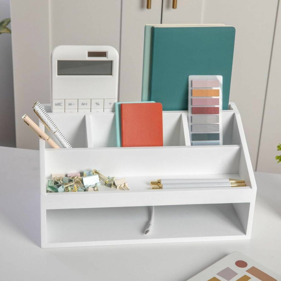 Martha Stewart White Engineered Wood Desktop Organizer with Open Storage Compartment, Multipurpose Office Caddy