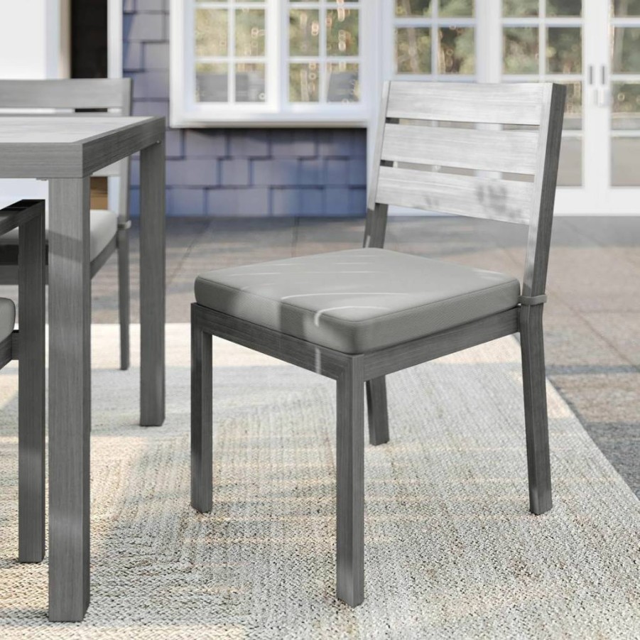 Martha Stewart 2-Piece Stackable Aluminum Patio Chairs Set with Woodgrain Finish & All-Weather Gray Cushions for Indoor-Outdoor Use