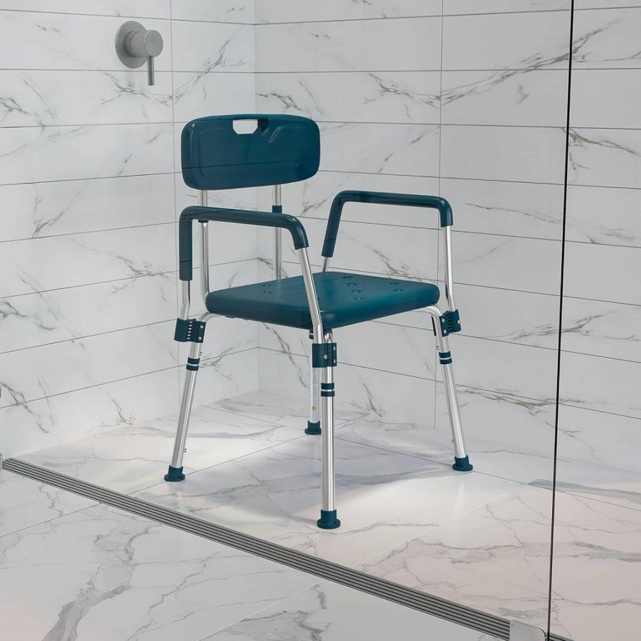 Flash Furniture Hercules Series 300 lb. Capacity Adjustable White Shower Chair with Quick-Release Back & Arms – Sturdy Bath Seat for Elderly & Disabled