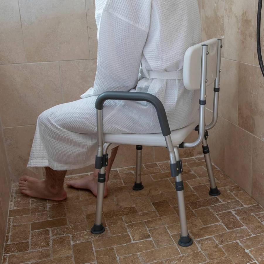 Flash Furniture Hercules Series 300 lb. Capacity Adjustable White Shower Chair with Quick-Release Back & Arms – Sturdy Bath Seat for Elderly & Disabled