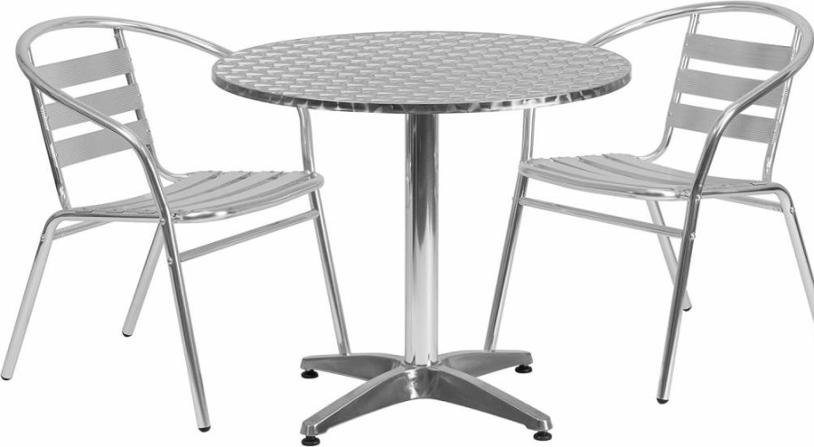 Flash Furniture Lila 31.5" Round Aluminum Patio Dining Set with 2 Slat Back Chairs - Indoor Outdoor Bistro Table