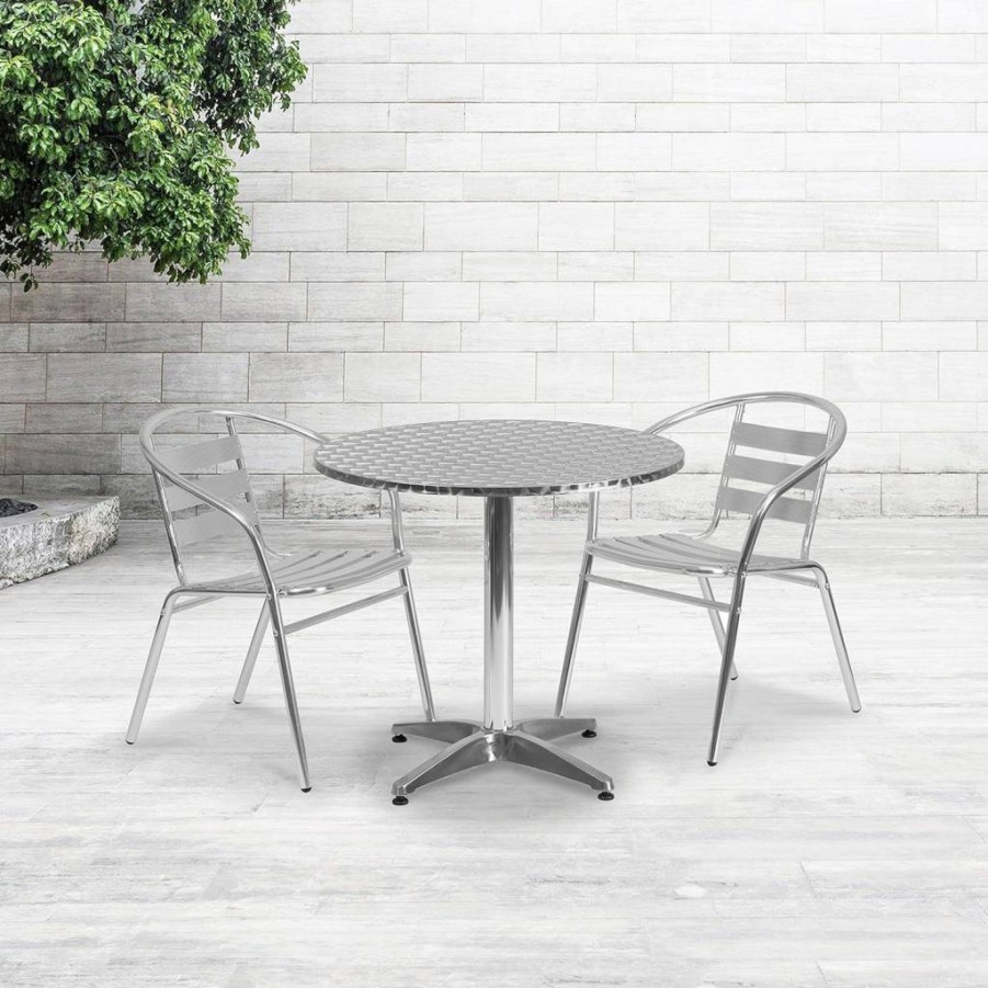 Flash Furniture Lila 31.5" Round Aluminum Patio Dining Set with 2 Slat Back Chairs - Indoor Outdoor Bistro Table