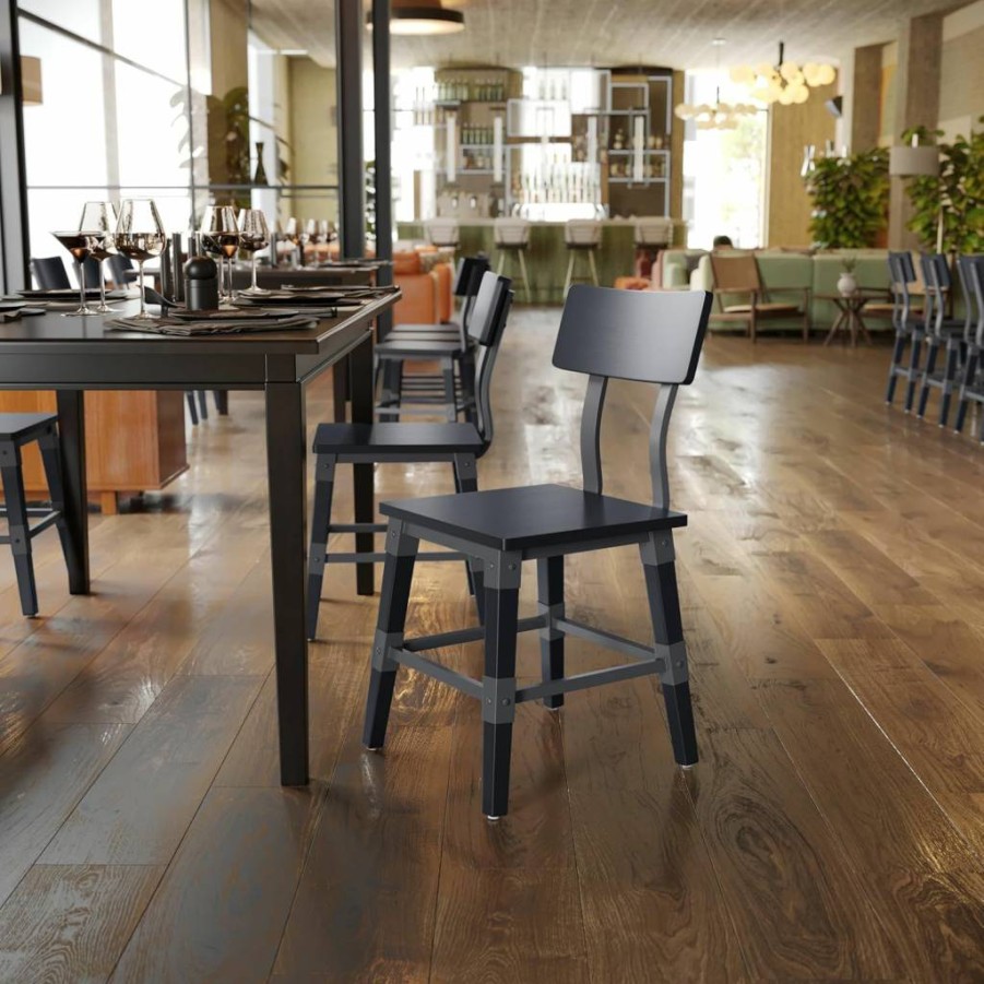 Flash Furniture Jackson Solid Beechwood Dining Chairs, Set of 2, Industrial Black Wooden Chairs for Commercial Use