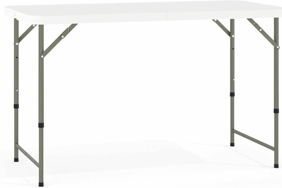 Flash Furniture 4-Foot White Bi-Fold Plastic Folding Table with Adjustable Legs & Carry Handle – Portable Indoor/Outdoor Banquet Event Table