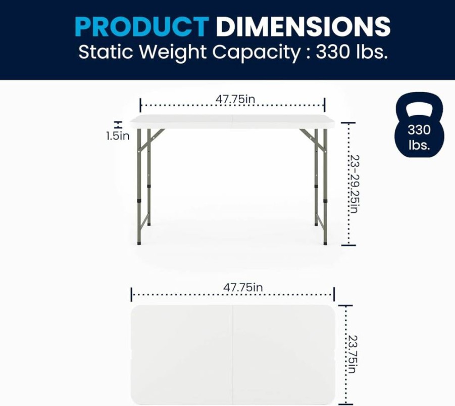 Flash Furniture 4-Foot White Bi-Fold Plastic Folding Table with Adjustable Legs & Carry Handle – Portable Indoor/Outdoor Banquet Event Table