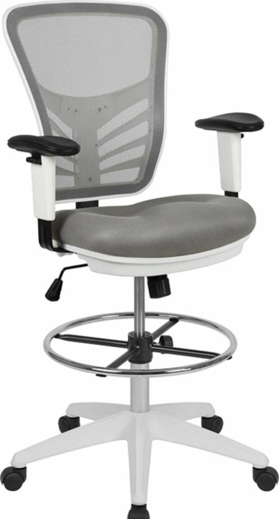 Flash Furniture Tyler Ergonomic Mesh Drafting Chair - Adjustable Arms, Foot Ring & White Frame, Mid-Back Office Chair