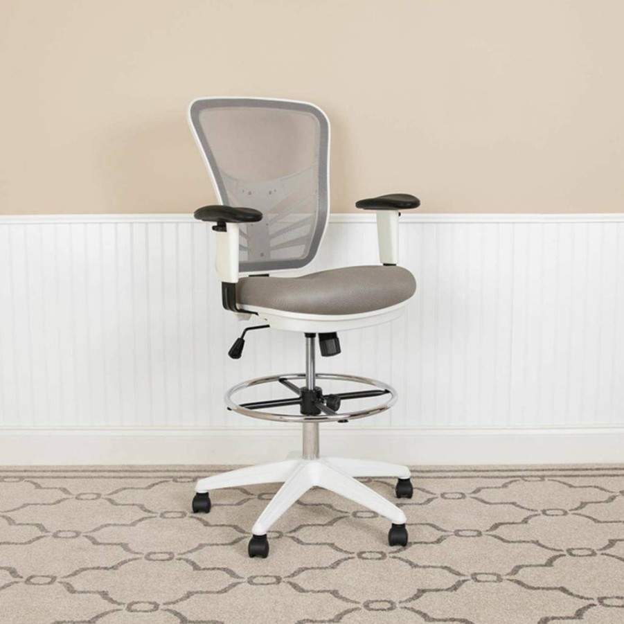 Flash Furniture Tyler Ergonomic Mesh Drafting Chair - Adjustable Arms, Foot Ring & White Frame, Mid-Back Office Chair