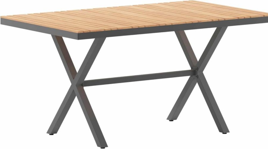 Flash Furniture Commercial X-Frame Outdoor Dining Table 59" x 35.5" - Weather-Resistant Faux Teak Slats & Powder-Coated Metal Frame in Gray