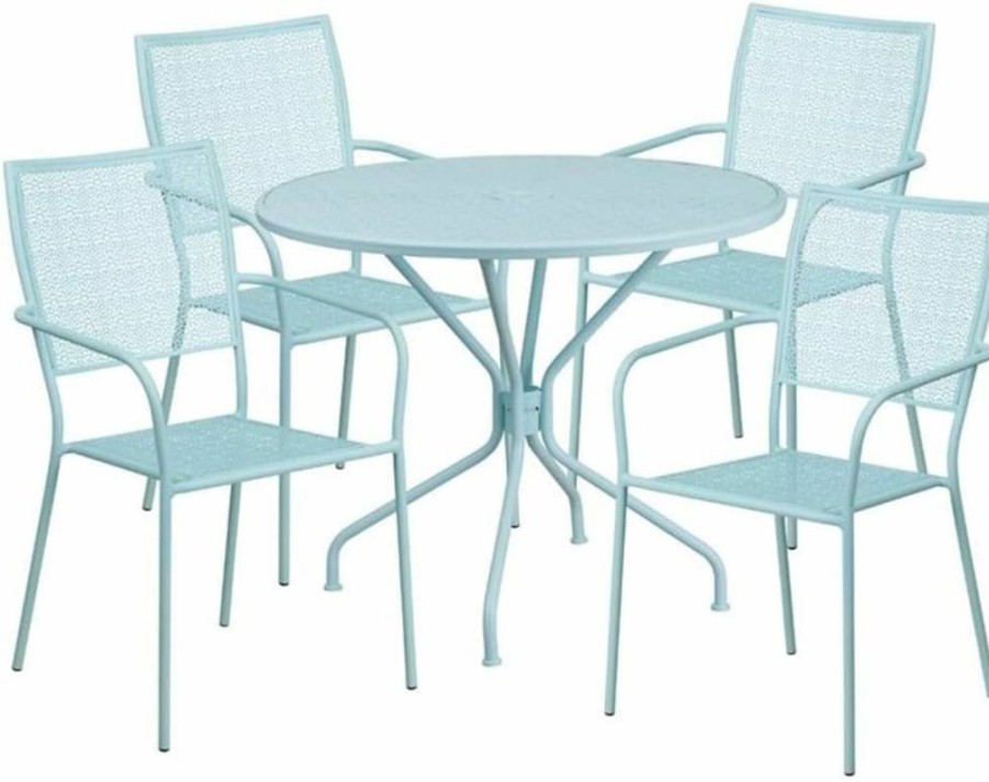 Flash Furniture 35-inch Round White Steel Patio Table Set with 4 Chairs, Indoor-Outdoor Commercial Grade Dining Set