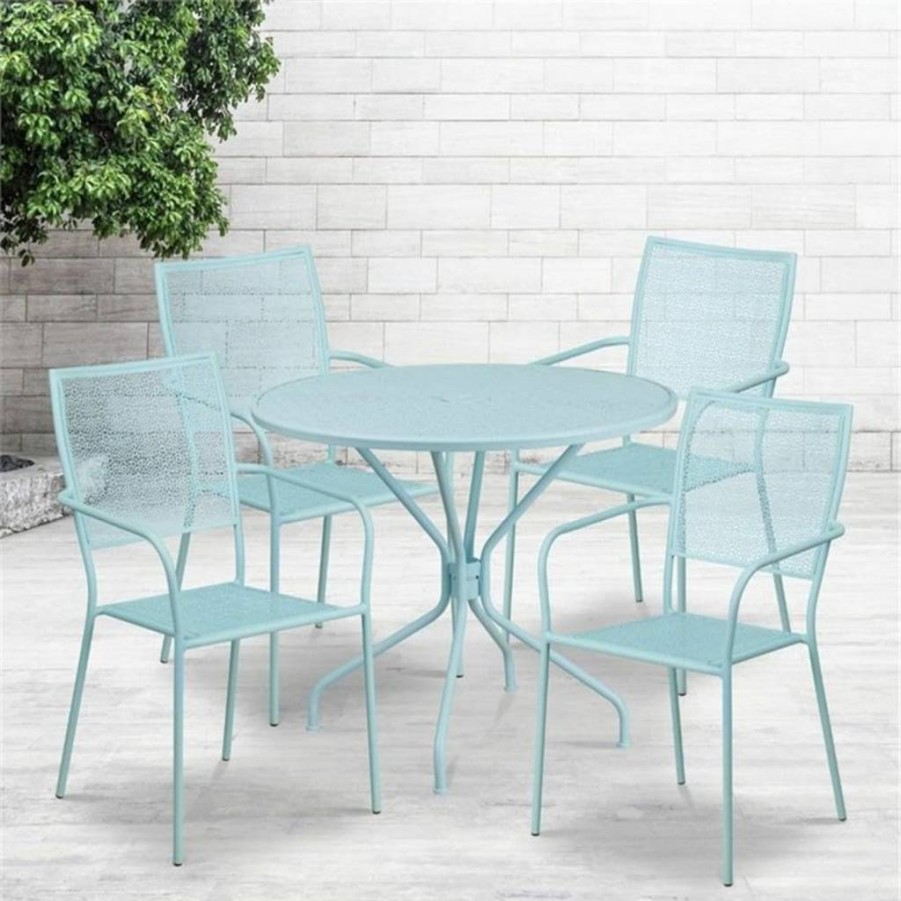 Flash Furniture 35-inch Round White Steel Patio Table Set with 4 Chairs, Indoor-Outdoor Commercial Grade Dining Set