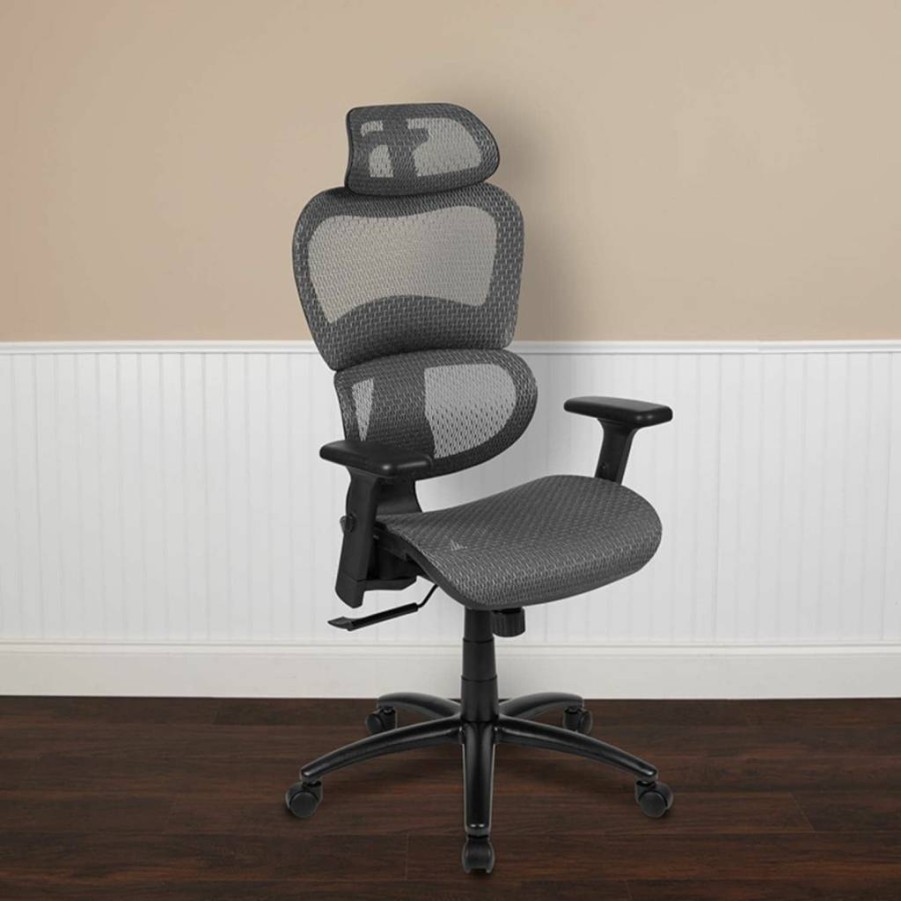 Flash Furniture Gray Ergonomic Mesh Office Chair with Synchro-Tilt, Adjustable Headrest, Lumbar Support & Pivot Arms