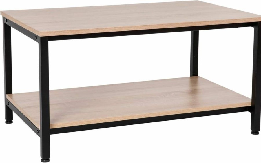 Flash Furniture Finley Modern Coffee Table - 2-Tier Rectangular Design with Driftwood Finish Top and Black Steel Frame - Lower Storage Shelf