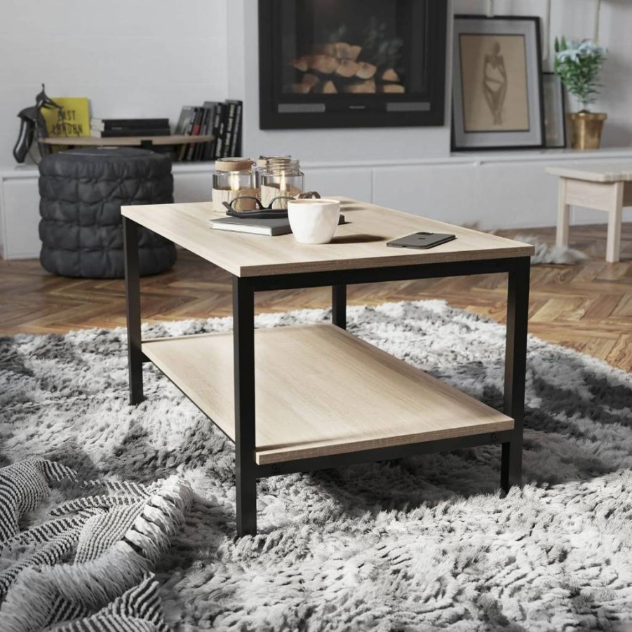 Flash Furniture Finley Modern Coffee Table - 2-Tier Rectangular Design with Driftwood Finish Top and Black Steel Frame - Lower Storage Shelf