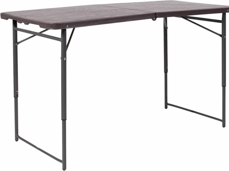 Flash Furniture 6-Foot Bi-Fold Folding Table - Brown Wood Grain Plastic Top with Carrying Handle, Portable & Space-Saving
