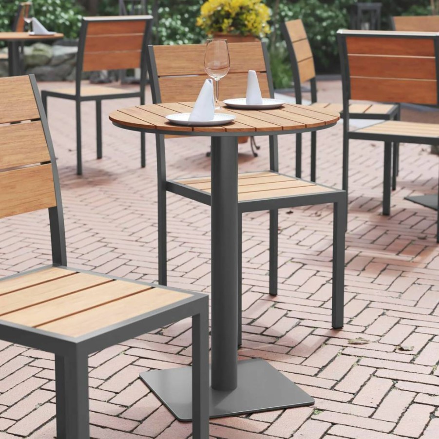 Flash Furniture 24" Round Commercial Grade Table - Faux Teak Poly Slats, Steel Frame, Natural Gray Finish