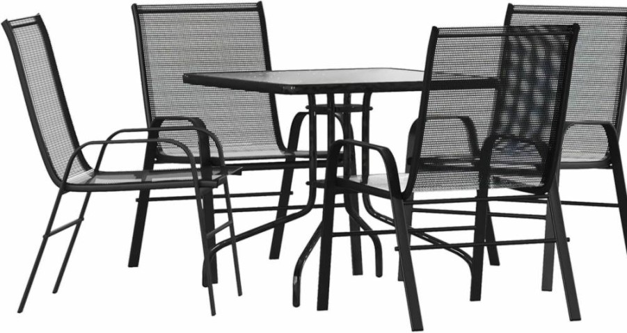 Flash Furniture Brazos 5-Piece Outdoor Patio Dining Set - Square Glass Table & 4 Black Sling Chairs for Backyard, Garden