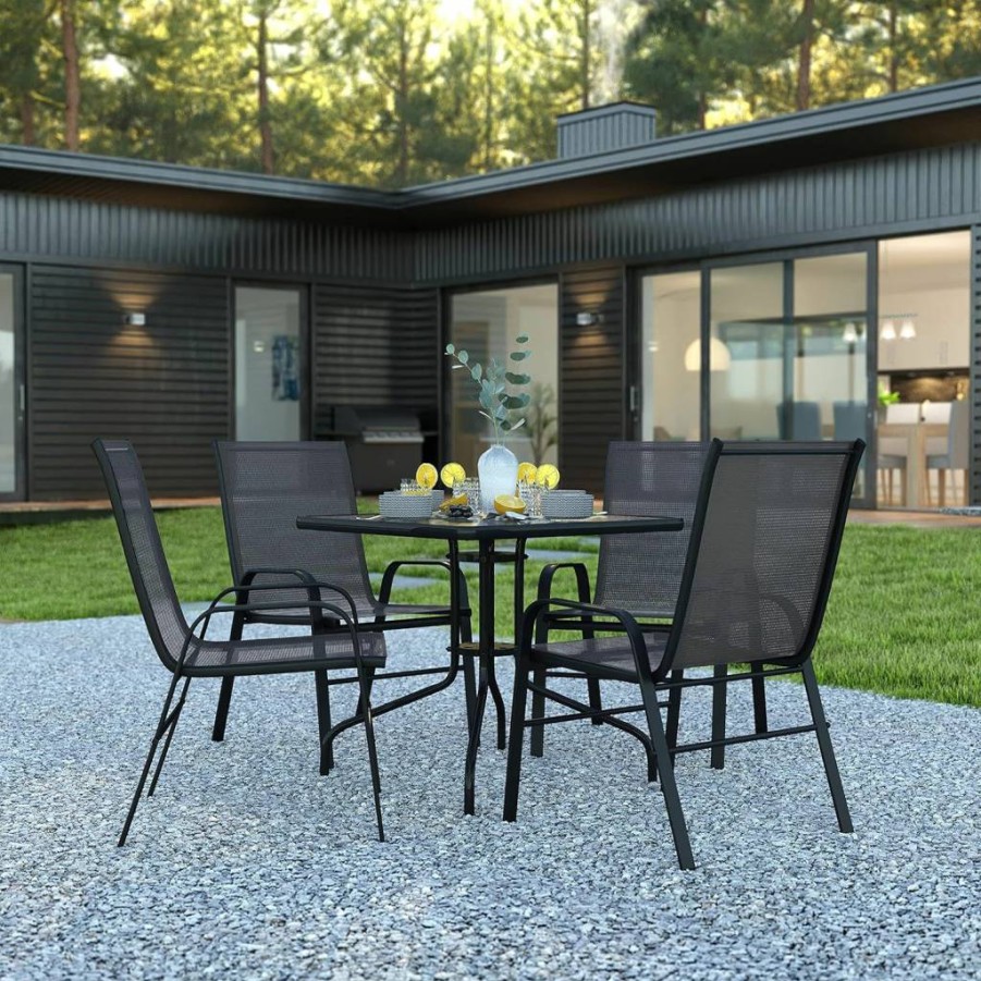 Flash Furniture Brazos 5-Piece Outdoor Patio Dining Set - Square Glass Table & 4 Black Sling Chairs for Backyard, Garden