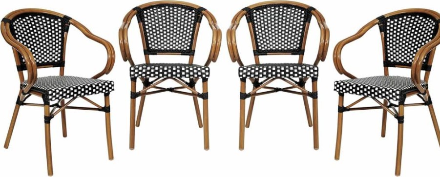 Flash Furniture Bordeaux Commercial Bistro Chair - Navy/White PE Rattan Seat, Curved Arms, Stackable Indoor Outdoor Dining Chair with Bamboo Print Metal Frame